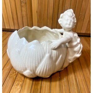 Vintage Japanese White Ceramic Cherub Lotus Water Lily Planter Bowl - 1960's